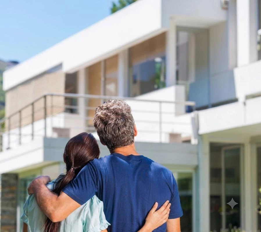 Einfamilienhaus mit Garten, vor dem ein Eigentümer steht