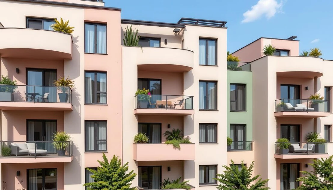 Mehrfamilienhaus mit mehreren Balkonen in einer Wohnanlage