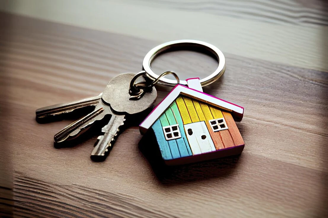 Vermieter übergibt einem Mieter einen Schlüsselbund vor einem Mehrfamilienhaus