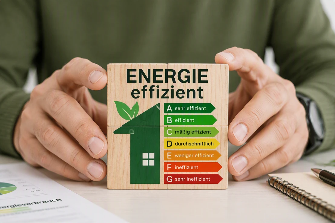 Energieberater mit Zertifikat und Bauplänen am Schreibtisch
